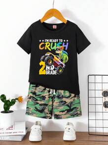 2入組年輕男孩潮流印花短褲套裝，適合休閒穿著 - 黑色 - 查看 1