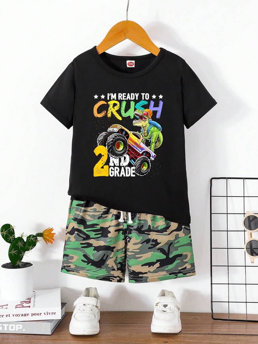 2入組年輕男孩潮流印花短褲套裝，適合休閒穿著 - 黑色 - 查看 1