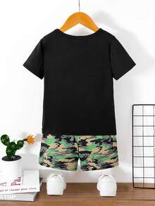 2入組年輕男孩潮流印花短褲套裝，適合休閒穿著 - 黑色 - 查看 2