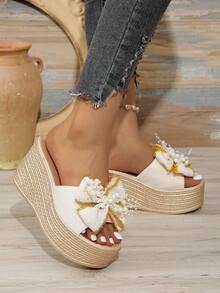 春夏季新款花朵印花波西米亞風格女士厚底拖鞋，防水底平臺，易穿脫式設計，魚口露趾，沙灘旅行鞋，大尺码