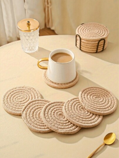 1-4Pcs Round Fabric Coasters, Thermal Insulation Mat For Household Kitchen Tables, Round Rope Woven Meal Pad, Plate Mat, Cup Mat, Pot Mat, Hanging Home Decoration, Absorbent Drink Coaster, Mini Size Coffee Table Woven Coaster, Hand Woven Round Table Cup Coaster, Heat-Resistant Cup Mat, Suitable For All Kinds Of Cups