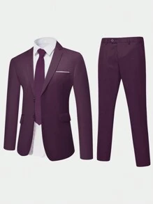 CLOUDSTYLE Men's Spring/Autumn Solid Color Turn-Down Collar Long Sleeve Jacket And Pants Business Travel Suit - Purple - View 2