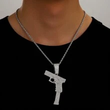 1pc European And American Style Men's Fashion Personality Hip Hop Gun Shaped Pendant Necklace With Full Rhinestones, Suitable For Jewelry Festival Parties