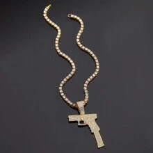 1pc European And American Style Men's Fashion Personality Hip Hop Gun Shaped Pendant Necklace With Full Rhinestones, Suitable For Jewelry Festival Parties