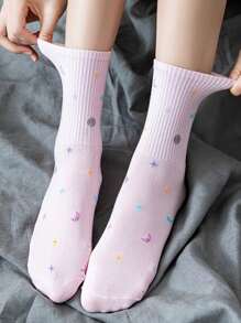 1/4 Pairs Women Colorful Star & Moon Dotted Jacquard Light Color Cute Fashion Versatile Comfortable Casual Sports Mid-Calf Socks, Suitable For Daily Wear - Multicolor - View 6