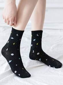 1/4 Pairs Women Colorful Star & Moon Dotted Jacquard Light Color Cute Fashion Versatile Comfortable Casual Sports Mid-Calf Socks, Suitable For Daily Wear - Multicolor - View 5