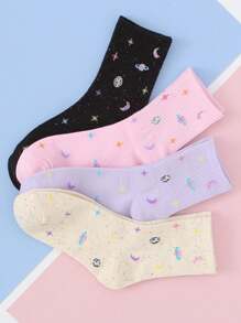 1/4 Pairs Women Colorful Star & Moon Dotted Jacquard Light Color Cute Fashion Versatile Comfortable Casual Sports Mid-Calf Socks, Suitable For Daily Wear - Multicolor - View 3