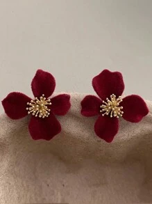 Pendientes de flores en forma de C de pétalos de terciopelo, aretes de alta gama y lujosos, elegantes y sofisticados accesorios para el oído en rojo para mujeres, para otoño/invierno. - Rosa Fucsia - Ver 13