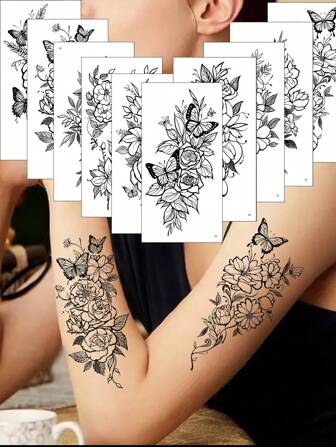 10 tatouages ​​de fleurs noires, tatouages ​​temporaires pour bras et corps pour femmes et filles, autocollants de tatouage de grande taille pour lune et rose réaliste et imperméables