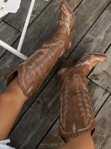 Women's Fashionable Slip-On Solid Color Wedge Heel Boots With Embroidered Flowers