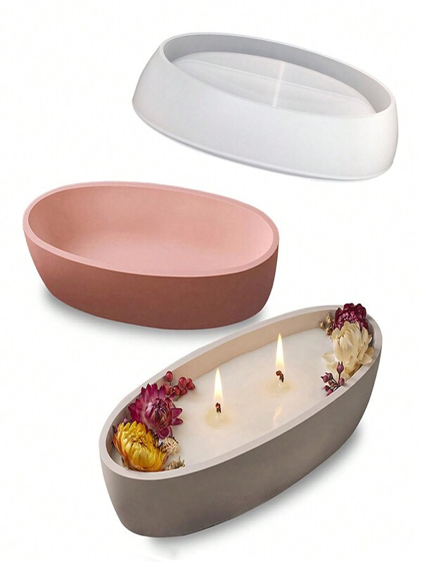 Silicone Mold For DIY Concrete Candle Boat, Oval Cement Planter Pot, Trinket Tray & Candle Cup, Epoxy Resin Molding