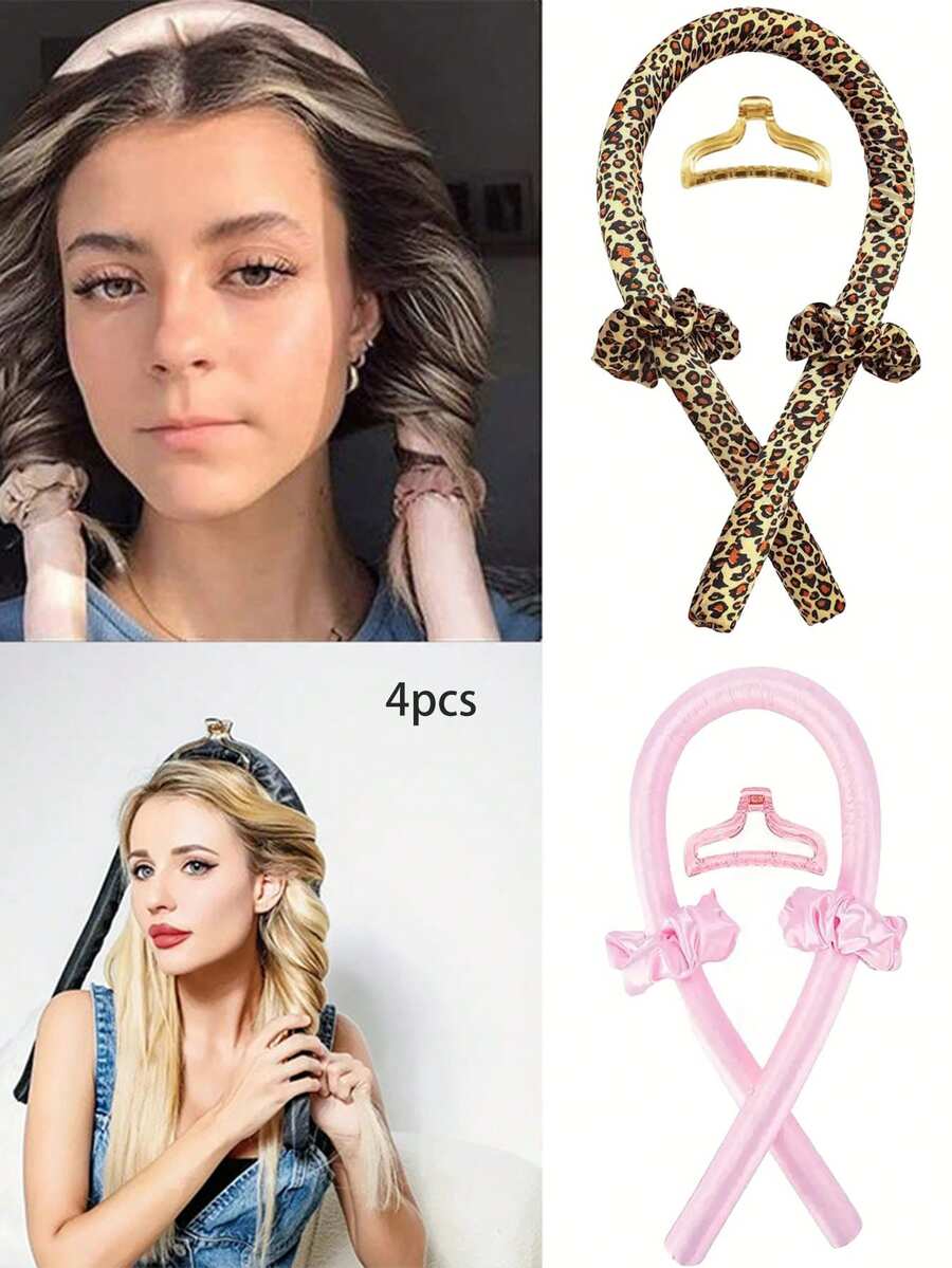 4pcs/Set Pink/Leopard U-Shaped Foam Hair Rollers For Women, Including 1 U-Shaped Roller, 2 Hair Ties, And 1 Hair Clip. For Soft And Natural Curls Without Heat, Can Be Used As Sleep Hair Rollers. Suitable For All Women, Home Use, Daily Use, Travel, Portable Hair Curling Tool. - Multicolor - View 1