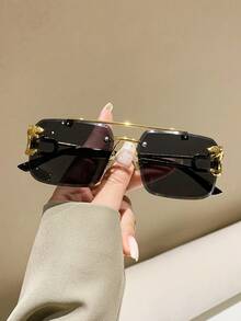 男女通用复古方形飞行员风格无框时尚眼镜，塑料时尚经典装饰，适合户外旅行海滩度假，眼镜 - 彩色 - 查看 3