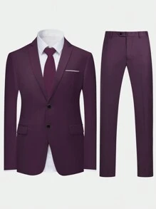 CLOUDSTYLE Men's Spring/Autumn Solid Color Turn-Down Collar Long Sleeve Jacket And Pants Business Travel Suit - Purple - View 1