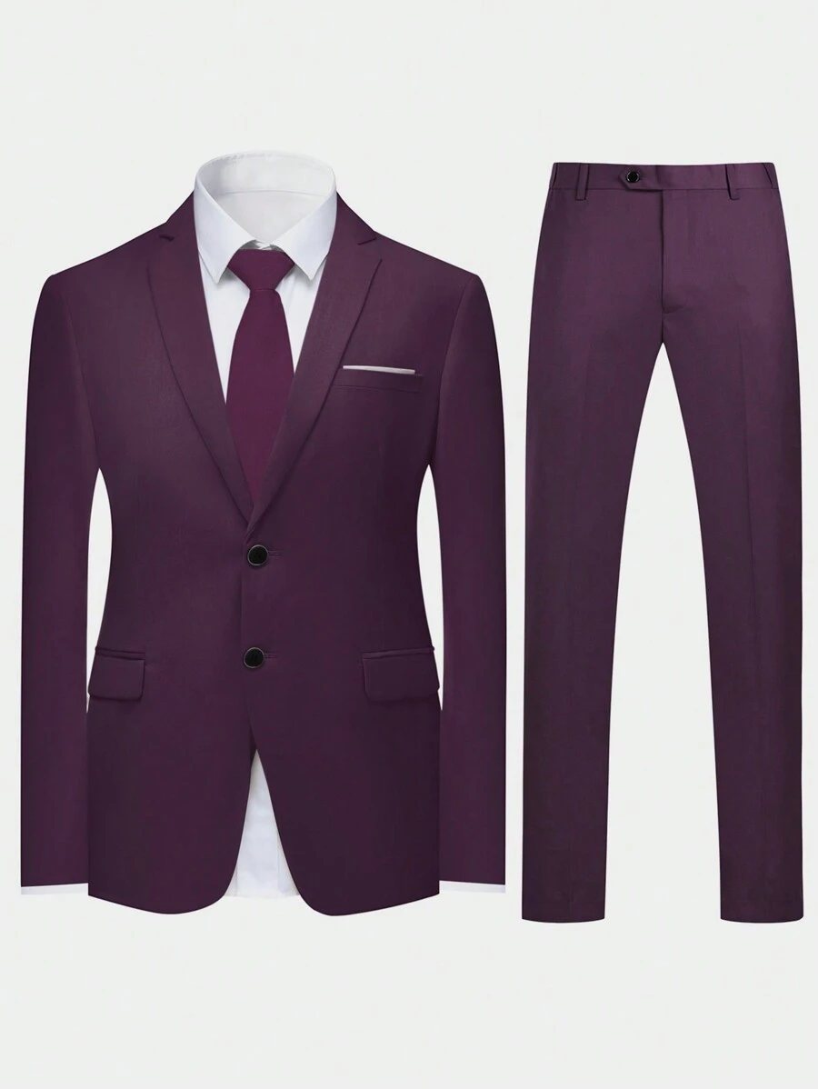 CLOUDSTYLE Men's Spring/Autumn Solid Color Turn-Down Collar Long Sleeve Jacket And Pants Business Travel Suit - Purple - View 1