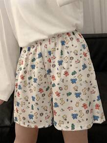 1pc Women Cartoon Animal World Homewear Shorts Leisure Sleep Shorts, Also Can Be Worn Outside