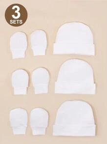 3pcs Newborn Baby Beanie Hat & Anti-Scratch Mittens Set, Soft & Skin-Friendly - White - View 1