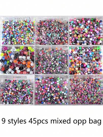 Set de 45 piezas de Joyería de perforación corporal de acero inoxidable: 9 diferentes estilos, 5 piezas cada  - Anillos para la lengua, Anillos para las cejas, Anillos para la nariz, Anillos para los labios