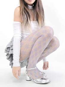 1pc Light Purple Fishnet Floral Hollow Out Stockings For Women, Y2K Fashion - Mauve Purple - View 1