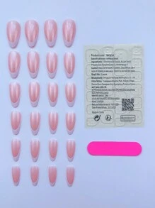 24 件中长款杏仁形简约清新法式美甲套装，适合派对、舞蹈、日常佩戴，粘性假指甲按压指甲 - 粉色 - 查看 3