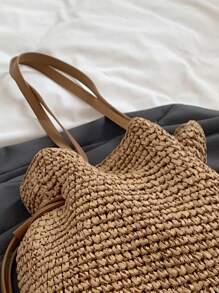 Large Capacity Woven Straw Drawstring Bag, Ideal For Beach Or Vacation, Versatile For Fashion, Commuting, And Daily Use. Lightweight And Minimalistic, Perfect For Daily Outings.