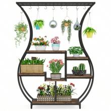 LITTLE TREE 6-Tier Plant Stand, 70.9 Inches Tall Industrial Plant Shelf With 10 Hanging Hooks, Potted Plants Flower Bonsai Pots Display Rack For Living Room, Garden, Balcony, Rustic Brown - 質樸棕色 - 查看 6