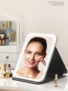 Miroir de maquillage éclairé par LED, miroir de beauté portatif illuminé avec 3 couleurs d'éclairage et luminosité réglable à écran tactile, miroir de vanité de bureau pliable à LED avec batteries rechargeables, meilleur cadeau pour voyager