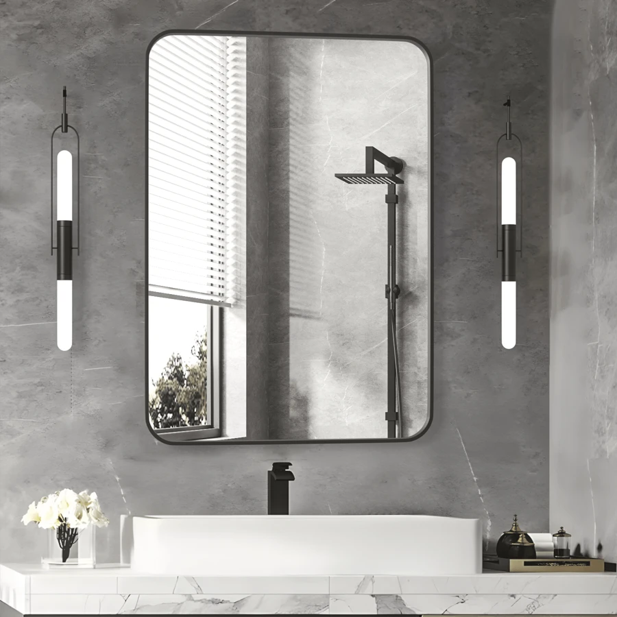 CASSILANDO Wall Mirror Bathroom Mirror, 50*71cm Black Rectangular Mirror With Aluminum Alloy Frame, Rounded Corner Hanging Mirror Decor For Entryway, Bedroom, Living Room - Black - View 1