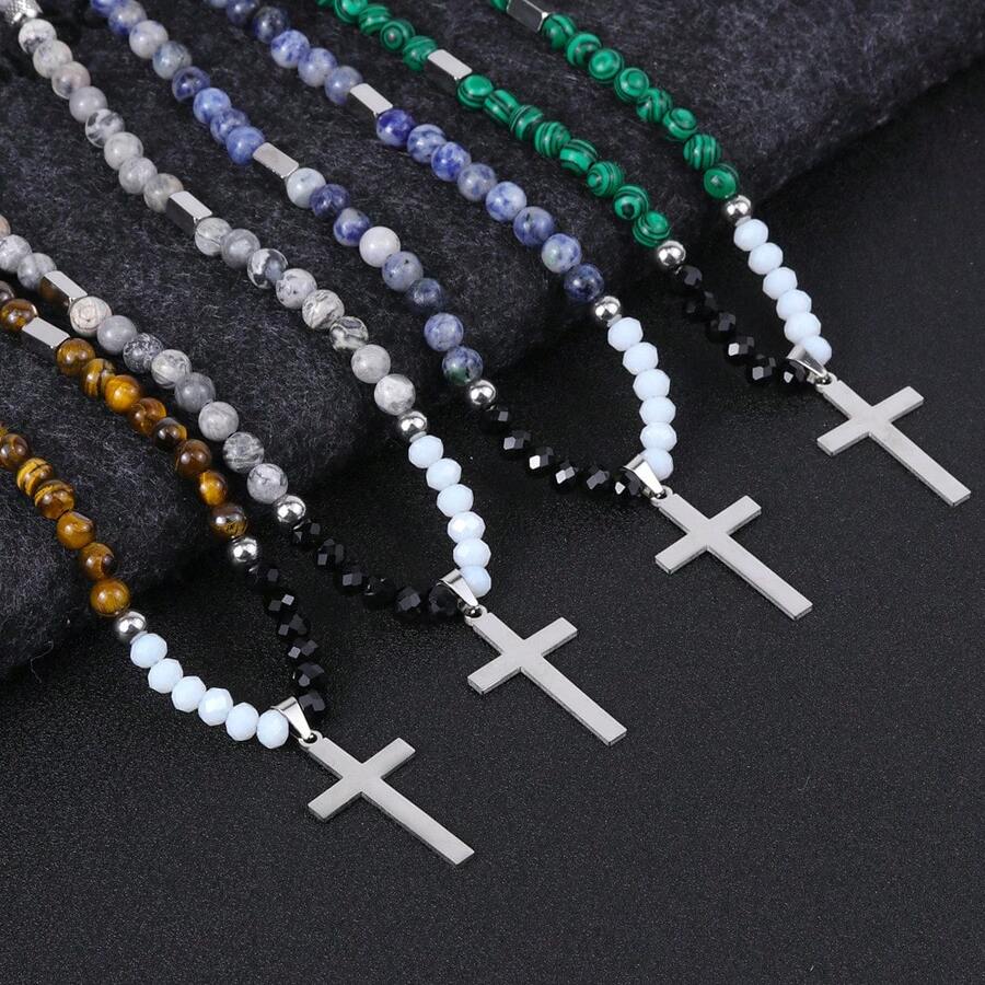 Men's Stainless Steel Tiger Eye Beaded Cross Pendant Necklace - Silver - View 1