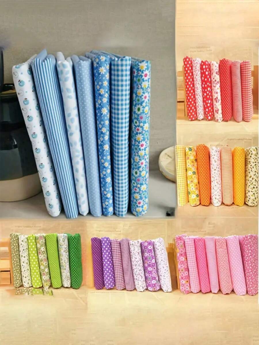 7入組綜合織物碎片布，拼布軟墊布，25cm* 25cm鮮豔布方-無重複圖案，印花拼接印花，適用於拼布和DIY手工藝品，預切割布捆，理想的手工配件 - 彩色 - 查看 1
