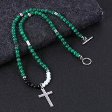 Men's Stainless Steel Tiger Eye Beaded Cross Pendant Necklace - Silver - View 14