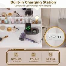 Makeup Desk With 3 Lighting Modes, Modern Vanity Table With Charging Station, Glass Top Dressing Table, White - 白色 - 查看 4