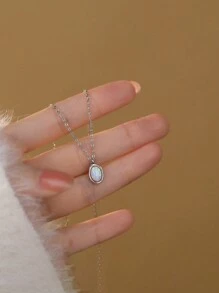 时尚 925 纯银水滴形澳大利亚宝石吊坠项链，不对称设计，百搭女士锁骨链 - 銀色 - 查看 2