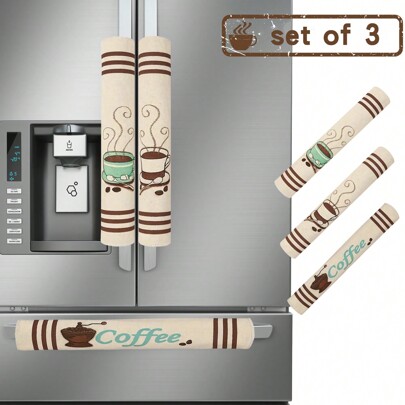 3 قطع أغطية مقبض الثلاجة من الكتان الطبيعي مزينة بنمط القهوة، ديكور أجواء المطبخ، غطاء غبار للكافيه