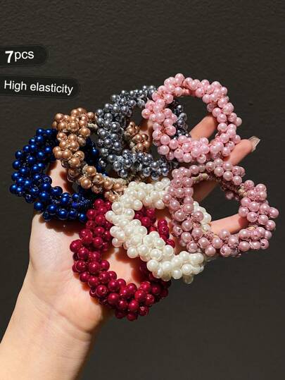 1/2/3/7件装 女士彩色仿珍珠时尚发圈 粉色配饰 马尾辫发圈 发绳 发圈 发绳 弹性发带 头饰 弹性发带 美容家居发饰