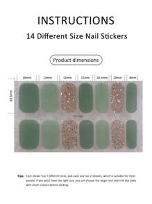 Full Wrap Nail Polish Stickers 1 Sheet 14 Stickers Self-Adhesive Gel Nail Wraps Waterproof Long-Lasting 3D Fashionable Nail Strips DIY Nail Art Decorations For Women Girls Home Celebrations Dances Parties Holidays Travel Quick Manicure Green Jumping Color