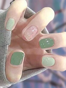 Full Wrap Nail Polish Stickers 1 Sheet 14 Stickers Self-Adhesive Gel Nail Wraps Waterproof Long-Lasting 3D Fashionable Nail Strips DIY Nail Art Decorations For Women Girls Home Celebrations Dances Parties Holidays Travel Quick Manicure Green Jumping Color