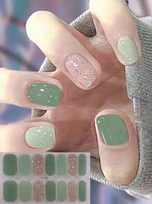 Full Wrap Nail Polish Stickers 1 Sheet 14 Stickers Self-Adhesive Gel Nail Wraps Waterproof Long-Lasting 3D Fashionable Nail Strips DIY Nail Art Decorations For Women Girls Home Celebrations Dances Parties Holidays Travel Quick Manicure Green Jumping Color