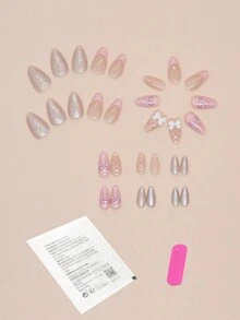 24 Unhas curtas em forma de amêndoa francesa simples com laço, com 1 pedaço de faixa de lixa e 1 cola em gel. - Rosa chiclete - Visão 2