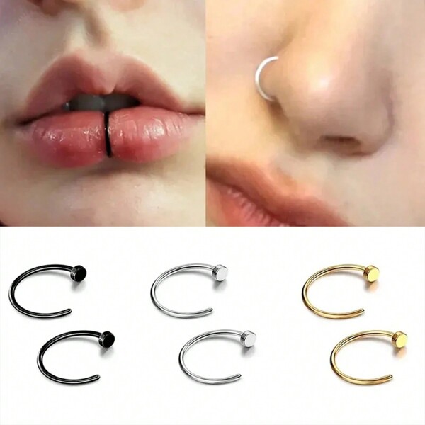 6 pièces Faux anneaux de nez pour femmes, anneaux de lèvres en acier inoxydable, anneau labre, cerceau de narine, perles de piercing d'étude, bijoux de piercing de nez