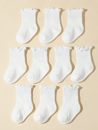 10 Pairs Breathable Baby White Mid-Calf Socks With Mushroom Embroidery