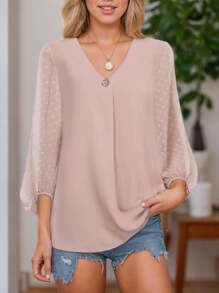 Áo Sơ Mi Nữ Tay Ba Phần Tư Xếp Ly Cổ Chữ V Chấm Bi Thụy Sĩ - Hồng - Xem 2