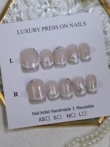 10pcs Handmade Nail Stickers, Fresh Apricot Cat Eye French Manicure With Camellia Flower Pattern, Handpainted Glossy Rhinestone Nail Jewelry, Reusable Short Square False Nails, Suitable For Brides And Party Manicure - Apricot - View 5