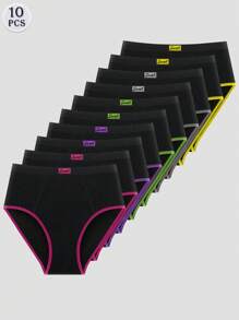 MEIYATING 10 piezas/paquete Pantaletas sin costuras para mujeres, moda de color contrastante, ajuste cómodo, negro