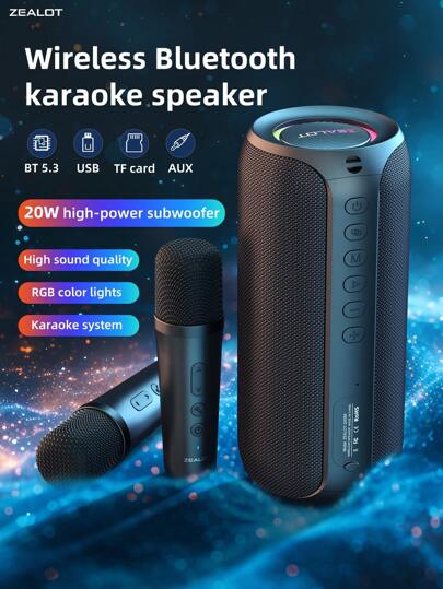 ZEALOT Zealot S69M Portable Wireless Bluetooth Microphone Speaker 20W High Volume IPX5 Waterproof Breathing Atmosphere Light Compatible With TF Card/USB/AUX, Supports Phone/Tablet/Computer/TV Connection, Suitable For Outdoor Camping, Gathering, Home Theater K-Song Speaker