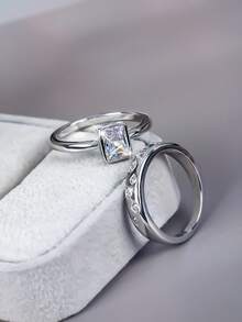 1 Bộ Nhẫn rỗng hình chữ nhật và kim cương cổ điển có khảm Zirconia tròn sáng bóng, thích hợp cho các cặp đôi, đi du lịch, chụp ảnh, đa năng và phong cách, món quà lý tưởng cho người quan trọng, bạn bè hoặc lễ tỏ tình - Bạc - Xem 2
