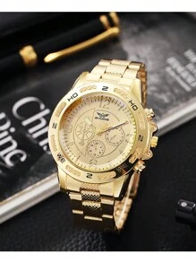 1 件/套时尚简约三眼混合刻度石英钢带手表，适合日常搭配、生日礼物、万圣节礼物、年终促销