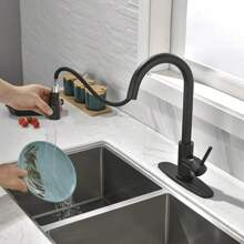 Matte Black/Chromium Plating/Brushed Nickel/Brushed GoldKitchen Faucet With Pull Down Sprayer,Stainless Steel Single Handle Kitchen Faucet,Multiple Modes Switch Water, 8'' Deck Plate Included,Suitable For Farmhouse Laundry Rv Bar - 霧面黑 - 查看 7