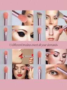13 Piezas Conjunto De Cepillos De Maquillaje Portátil Con Cerdas Suaves Para Rubor, Sombra De Ojos Y Kit De Herramientas Cosméticas Para Cara Completa - Rosa Pálido - Ver 6