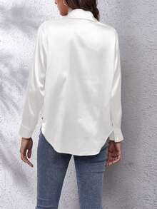 Moda Monocromo Solapa Seda Simulada Manga Larga Delantera Monocromo Botón Camisa Mujer Navidad Ropa Mujer - Blanco - Ver 2